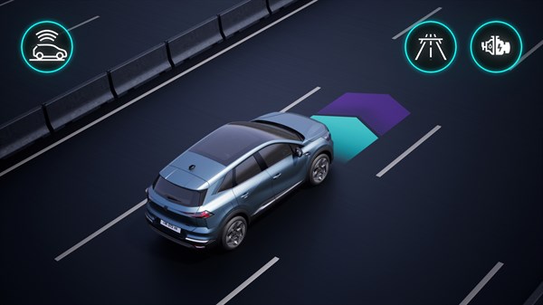 Skica: Renault vozilo zaznava ovire med parkiranjem z opozorilnim sistemom in prikazom rdečih senzorjev, ki opozarjajo na bližino stebričkov.