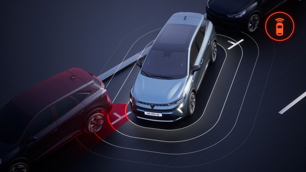 Skica: Sistem za opozarjanje na bližino vozila pri vzvratni vožnji Renault vozila, ki prikazuje zaznavanje ovire s pomočjo senzorjev in opozorilno ikono.