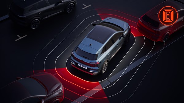 Skica: Renault vozilo uporablja sistem kamer in senzorjev za 360-stopinjski pogled, ki omogoča lažje manevriranje in zaznavanje ovir okoli vozila.