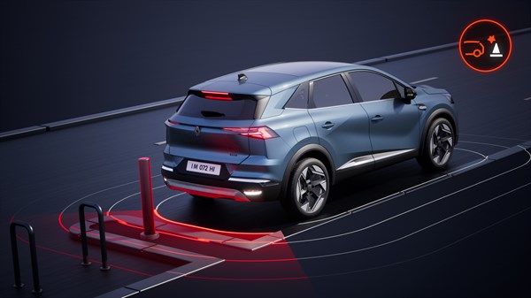 Skica: Vozilo Renault Symbioz E-Tech s sistemom samodejnega zaviranja ob nevarnosti/oviri za vozilom.