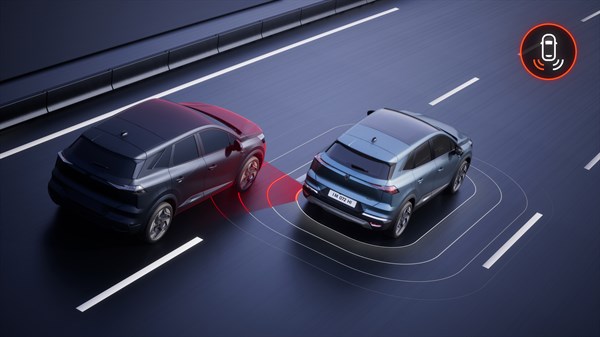 Skica: Renault vozilo s senzorji za mrtvi kot zazna prisotnost drugega vozila v sosednjem pasu.