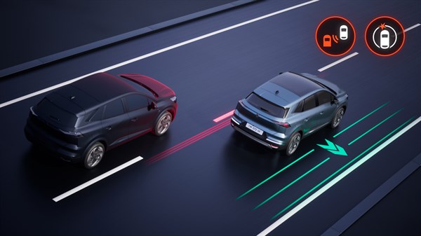 Skica: Renault vozilo med prehitevanjem z aktivnim sistemom za nadzor mrtvega kota in opozarjanjem na nevarnost trka, z vizualnimi opozorili na voznem pasu in ikonami za varnostne sisteme.