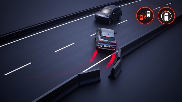 Skica: Renault vozilo na avtocesti izvede nenaden manever, da se izogne oviri, pri čemer se vključijo zavorne luči in opozorilni sistem za preprečevanje trka.