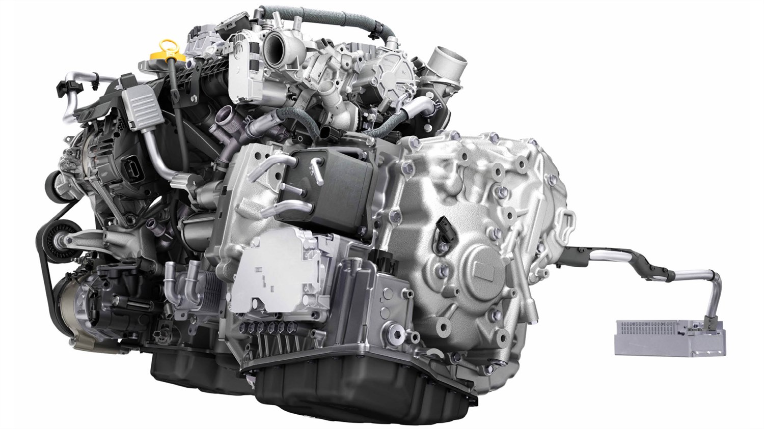 Motor z notranjim izgorevanjem Renault z razvidnimi komponentami, kabli in priključkom, prikazan na belem ozadju.