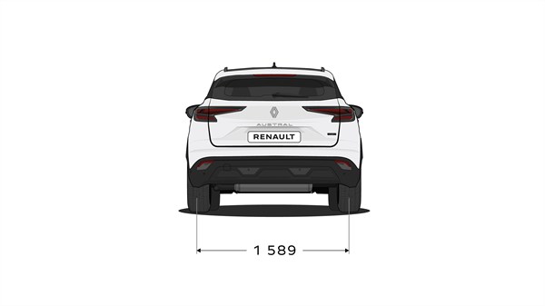 Skica: Zadnji pogled na Renault Austral z označeno širino 1589 mm.