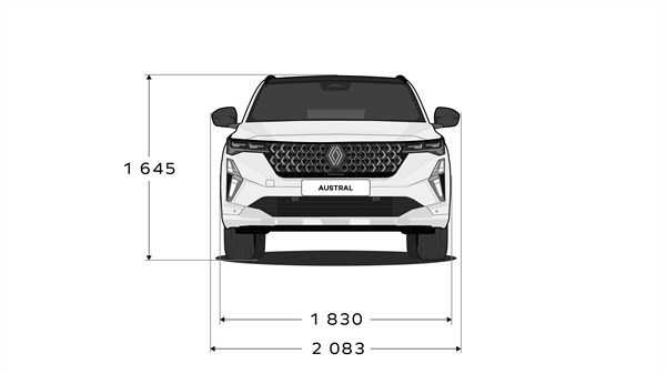 Skica: Sprednji pogled na Renault Austral z označeno višino in širino vozila.