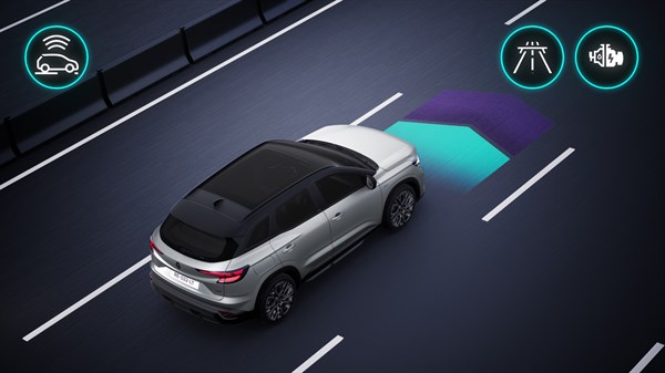 Renault Austral zaznava oviro na cesti z uporabo naprednega sistema zaznavanja in vožnje po avtocesti, prikazano z vijolično-modro grafiko.