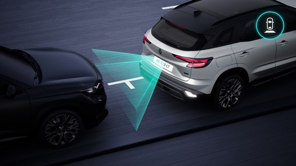 Zadnji senzorji parkirne pomoči modela Renault Austral zaznajo bližino vozila za njim med vzvratnim parkiranjem.