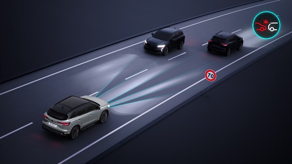 Renault Austral s sistemom za zaznavanje vozil in preprečevanje naleta s pomočjo naprednih senzorjev skenira cesto ter zazna prometne znake in druge udeležence v prometu.