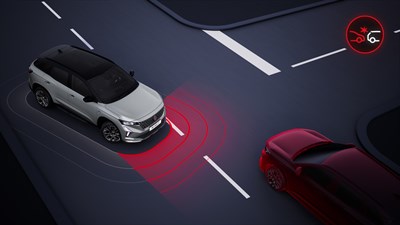 Renault Austral z aktivnim sistemom zaviranja v sili zazna nevarnost naleta pri zavijanju levo.