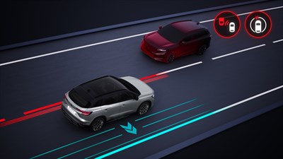Renault Austral preprečuje menjavo voznega pasu zaradi zaznanega vozila v mrtvem kotu, z jasnim vizualnim opozorilom.