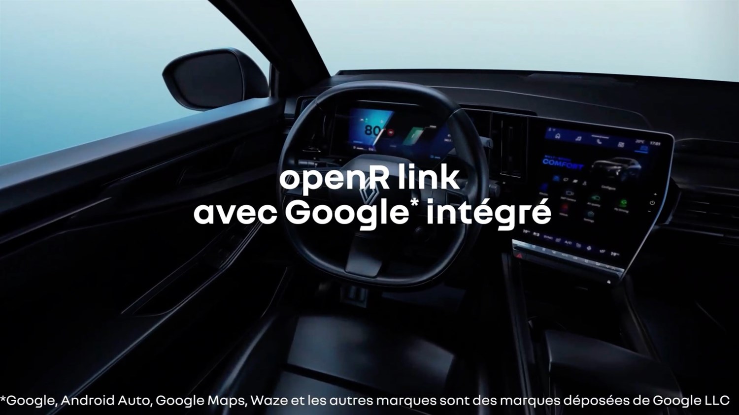 Notranjost Renault Espace s pogledom na digitalno armaturno ploščo in velik osrednji zaslon sistema openR link z integriranimi storitvami Google.