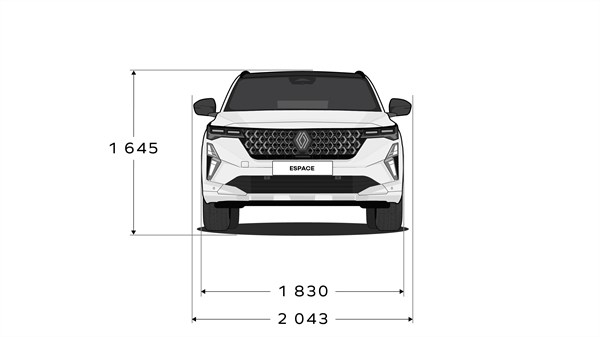 Sprednji pogled na Renault Espace z višino vozila 1645 mm, širino med kolesi 1830 mm in skupno širino 2043 mm.