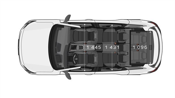 Pogled od zgoraj na Renault Espace s tremi vrstami sedežev in označeno širino sedežnega prostora: prva vrsta 1445 mm, druga 1431 mm, tretja 1096 mm.