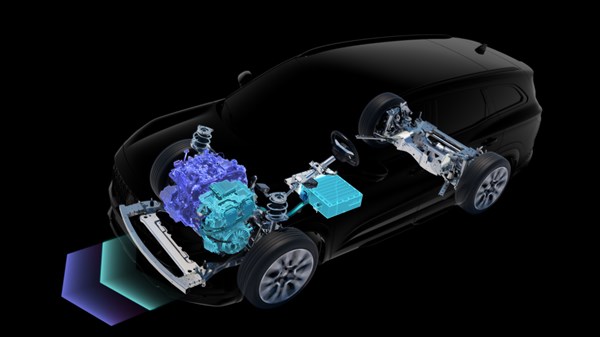 Prikaz pogonskega sklopa Renault Espace E-Tech hybrid z motorjem, baterijo in prenosom moči.