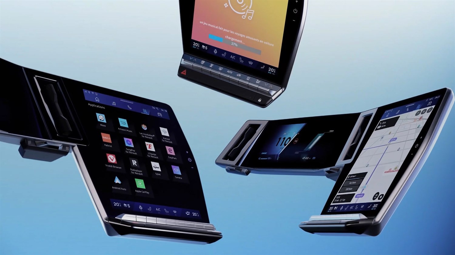 Več zaslonov openR link z različnimi aplikacijami in prikazi v vozilu Renault Espace.