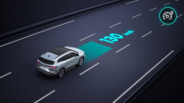 Skica: Prikaz sistema omejevalnika hitrosti na avtocesti, v vozilu Renault Espace, ki preprečuje preseganje nastavljene hitrosti (130 km/h).