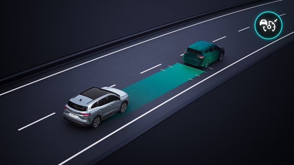 Skica: Prilagodljiv tempomat v Renault Espace samodejno ohranja varnostno razdaljo do vozila spredaj s prilagajanjem hitrosti.