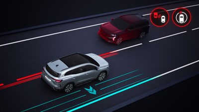 Skica: Renault Espace opozarja na nevarno menjavo voznega pasu, zaznava vozila v bližini in prikazuje smer vožnje z modrimi črtami ter rdečimi opozorili za zaznana vozila.