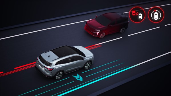 Skica: Renault Espace opozarja na nevarno menjavo voznega pasu, zaznava vozila v bližini in prikazuje smer vožnje z modrimi črtami ter rdečimi opozorili za zaznana vozila.