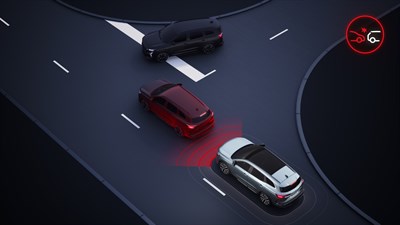 Skica: Sistem za aktivno zaviranje v sili v modelu Renault Espace zaznava drugo vozilo v križišču ter samodejno zavira ob nevarnosti trčenja.