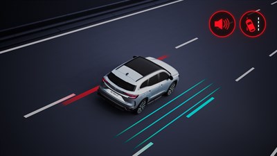 Skica: Vozilo Renault Espace vozi po avtocesti, kjer sistem s pomočjo modrih in rdečih črt ter ikon opozori na nenamerno skrenitev z voznega pasu.