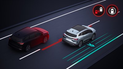 Skica: Renault Espace se približuje robu voznega pasu, rdeče in modre črte ter ikone opozarjajo na nevarnost nenamerne menjave pasu, ob prisotnosti drugega vozila v bližini.