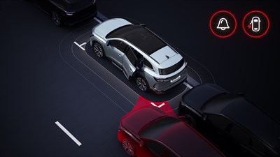 Skica: Renault Espace je parkiran ob cesti, medtem ko sistem z rdečo osvetlitvijo opozarja na približujoče se vozilo, kar potnike opozori na nevarnost pri odpiranju vrat.