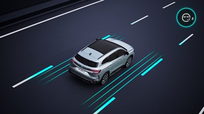 Skica: Renault Espace vozi po cesti, obdano z modrimi črtami in ikono, ki ponazarja aktivni opozorilni sistem za utrujenost voznika.