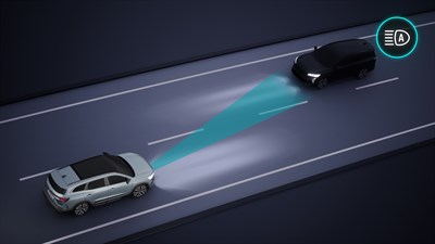 Skica: Renault Espace ponoči, s svetlobnim snopom, usmerjenim proti prihajajočemu vozilu, medtem ko ikona označuje samodejno prilagajanje dolgih in kratkih luči.