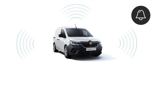Beli Kangoo Van s pogledom od spredaj, opremljen z alarmnim sistemom.