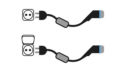 Dva polnilna kabla za električno vozilo z vtičem Schuko za gospodinjsko vtičnico.