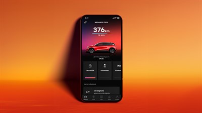 Zaslon mobilne aplikacije Renault prikazuje model Megane E-Tech z dosegom 376 kilometrov in 80 odstotki napolnjenosti baterije.