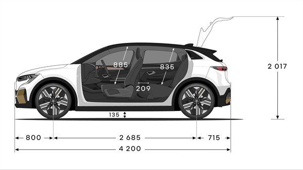 Tehnična risba Renault Megane E-Tech s prikazanimi notranjimi in zunanjimi merami v milimetrih.