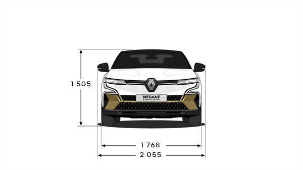 Sprednji tehnični prikaz Renault Megane E-Tech s prikazano višino in širino vozila v milimetrih.
