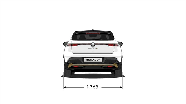 Zadnji tehnični prikaz vozila Renault Megane E-Tech z označeno skupno širino vozila v milimetrih (1768 mm).