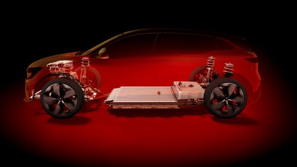 Prikaz električne platforme vozila Renault Megane E-Tech 100% Electric s poudarkom na baterijskem sklopu, elektromotorju, vzmetenju in kolesih v prosojnem prikazu vozila.