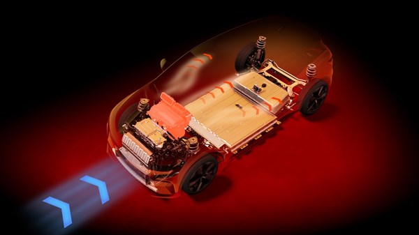 Vizualizacija Renault Megane E-Tech 100% Electric z označeno potjo zraka za hlajenje in prezračevanje električnih komponent, vključno z motorjem in baterijo. Vozilo prikazano z delno prosojno karoserijo, izpostavljeni so hladilni tokovi.