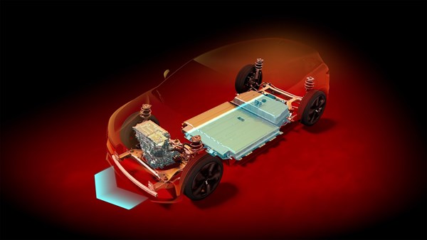 Prikaz električnega pogonskega sistema Renault vozila z vidnima elektromotorjem in baterijo v podvozju.