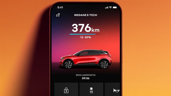 Zaslon mobilne aplikacije Renault prikazuje model Megane E-Tech z dosegom 376 kilometrov in 80 odstotki napolnjenosti baterije.