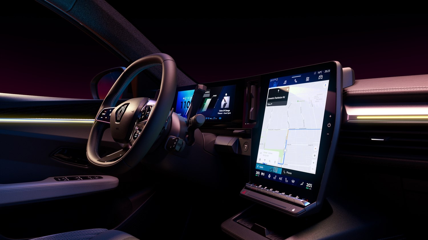 Notranjost Renault vozila z volanom, digitalno armaturno ploščo in navpičnim zaslonom na dotik z navigacijo.