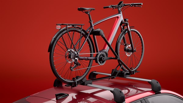 Na strešnih nosilcih vozila Clio je nameščen strešni nosilec za kolo, na katerem je tudi pritrjeno kolo.