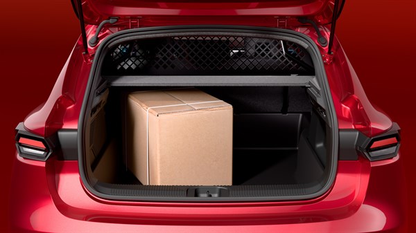 Odprt prtljažnik vozila Clio, v katerem je zaščitna mreža za prtljago ter kartonasta škatla.