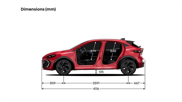 Rdeč Renault Clio v stranskem profilu; tehnični prikaz mer z dolžino 4116 mm in medosno razdaljo 2591 mm.
