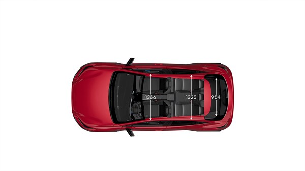 Rdeč Renault Clio, pogled od zgoraj; označene notranje širine sedežev (1386, 1325, 964 mm).