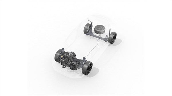 Tehnična ilustracija prikazuje podvozje Renault Clio z motorjem, pogonskim sistemom in zadnjim vzmetenjem.