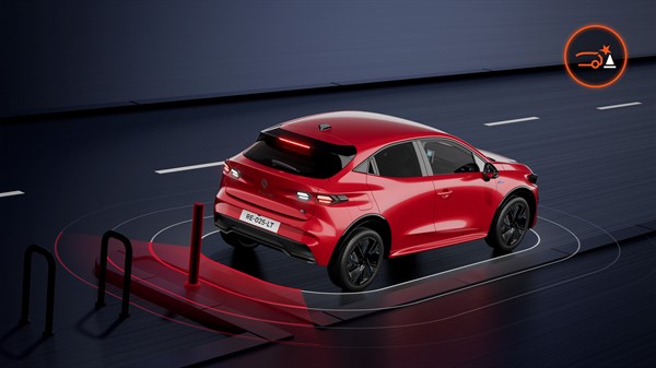 Novi Renault Clio prikazuje sistem za samodejno zaviranje v sili.