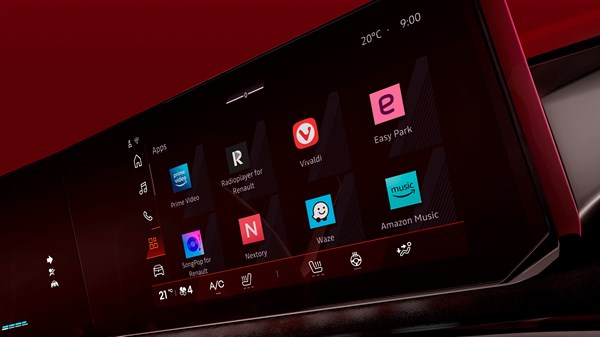 Sredinska konzola Renault Cliovključuje velik digitalni zaslon z dostopom do aplikacij, navigacije in multimedije.