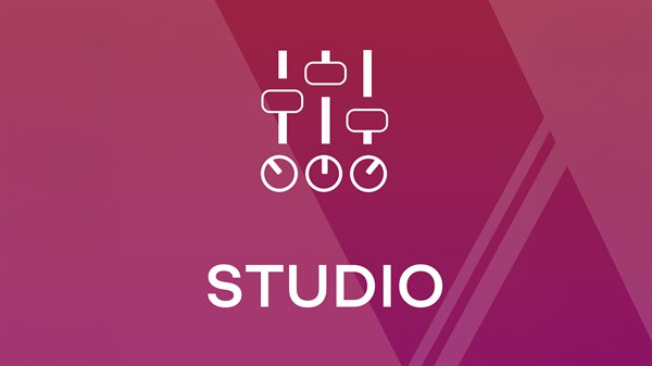 Bela ikona drsnikov in gumbov nad napisom "STUDIO" na rožnato-vijoličnem gradientnem ozadju.