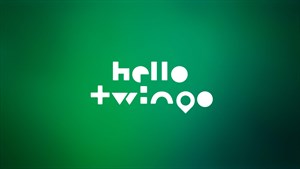Pisani napis “Twingo” v geometričnih oblikah in barvah na modrozeleni podlagi.

